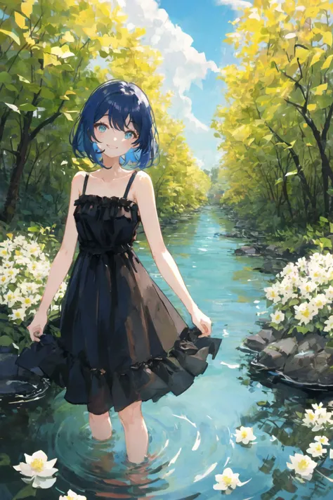 art by Cornflower, dreamy,
(1girl, bangs, bare shoulders, black dress, blue eyes, blue sky, brown hair, closed mouth, cloud, dappled sunlight, day, dress, flower, forest, garden, hair over shoulder, lake, looking at viewer, medium hair, nature, outdoors, path, river, scenery, shiny, shiny hair, sky, smile, solo, standing, sunlight, tree, wading, white flower, yellow flower) <hypernet:Cornflower_Mirage:1>