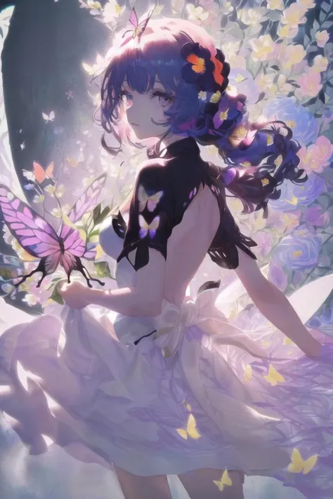 art by Cornflower, dreamy,
(beautiful detailed flower, beautiful detailed eyes,hyper detailed,flower,hyper quality,,eyes,flower and hair is same color,beautifuly color,face,(((((her hair is becoming flower, flower,hair,flower,butterfly,))))),((((1girl))))kawaii,,(((high details, high quality))),(((back light))),((hair and clothes is flower)),(((upper body))) ,high quality,hair with body ,webbed dress, upper body, flower leg, flower hands,body with flower, (( flower with clothes)) , dress with flower, , light particles,black background, ((((Hair with flower)))),small breast with flower,big hair with flower,((floating hair with flower,floating))1girl,small breast, marbling with hair and clothes, looking at viewer,((original)),((arm down)), ((paper cutting)), black background, flower forground, ((hair with flower)),(((((highres)))),) hair with flower,hair with flower ,hair, wavy hair ,diffusion lighting, abstract,Butterfly with body, flower with hair, her hair is flower,big top sleeves, floating) <hypernet:Cornflower_Mirage:1>