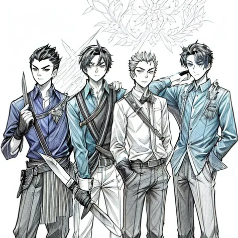 a group of 4 man standing next to each other holding a knife and a knife blade in their hands and wearing blue shirts, Cedric Seaut (Keos Masons), character art, concept art, sots art <lora:add_detail:1> <lora:epi_noiseoffset2:1> lineart <lora:hairdetailer:1> <lora:detail_slider_v4:1> <lora:animeoutlineV4_16:1> lineart, monochrome <lora:BD_manga_style_v1:1> <hypernet:MirageHypernetworkFor_v10:1>