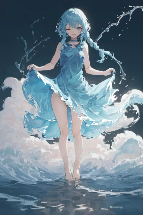 art by Cornflower, dreamy,
(1girl, solo, ((liquid clothes)), <lora:LiquidClothesV2:1>,
liquid clothes, blue theme, 1girl, solo, long hair, dress, barefoot, blue hair, one eye closed, blue eyes, blue nails, nail polish, toenail polish, cloud, toenails, full body, very long hair, sky print, blue mini skirt, standing, sleeveless, looking at viewer, smile, lifted by self, slightly lifting both sides of skirt, (upthigh:1.2), groin, partially visible crotch, probably no panties, pussy juice,
<lora:npm-v11t-000005:0.8>) <hypernet:Cornflower_Mirage:1>