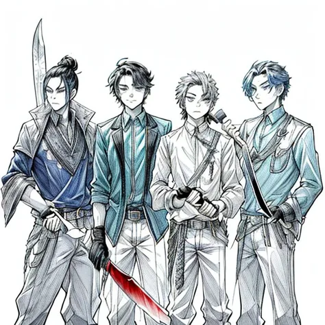 a group of 4 man standing next to each other holding a knife and a knife blade in their hands and wearing blue shirts, Cedric Seaut (Keos Masons), character art, concept art, sots art <lora:add_detail:1> <lora:epi_noiseoffset2:1> lineart <lora:hairdetailer:1> <lora:detail_slider_v4:1> <lora:animeoutlineV4_16:1> lineart, monochrome <lora:BD_manga_style_v1:1> <hypernet:MirageHypernetworkFor_v10:1>