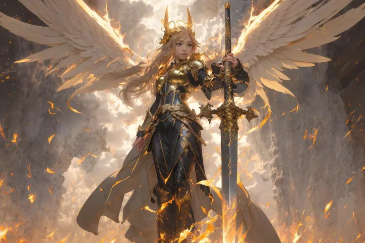1girl,angel,Super powerful flame angel flies out of the clouds, behind her is golden meteor magic surrounding his body, Gothic style, gorgeous golden armor, huge flame great sword, rich background, sword art background, film shooting, depth of field, Super visual, Super visual ,
<lora:angel_20231206093915:0.7> <lora:erika:0.3>