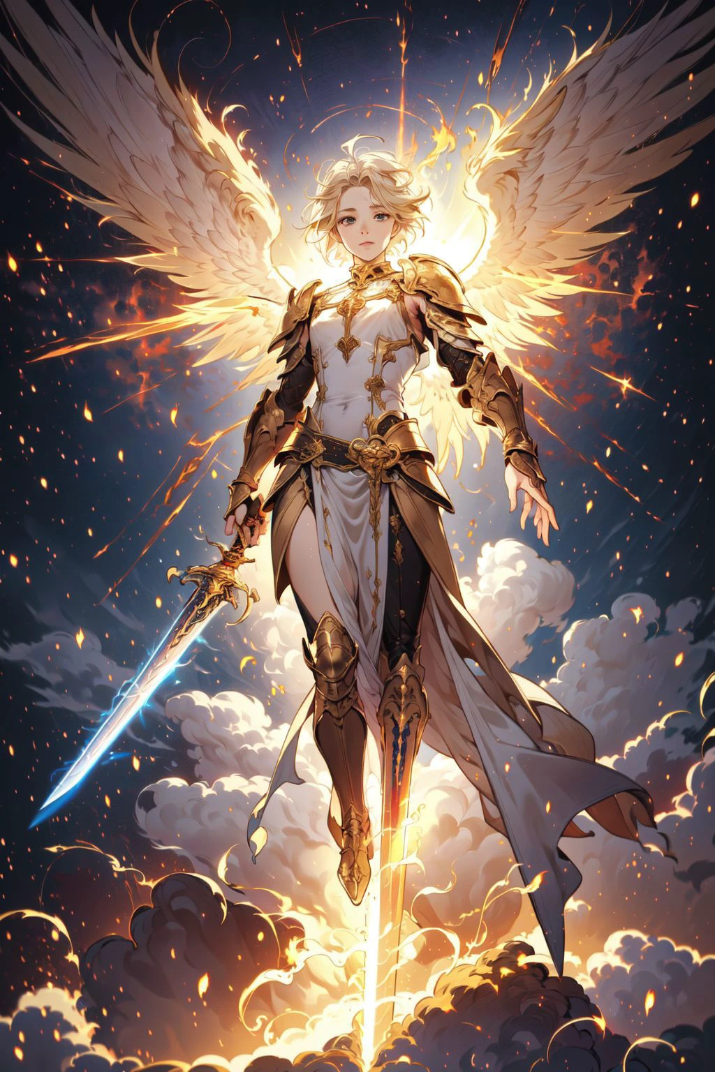 1girl,full body,angel,Super powerful flame angel flies out of the clouds,behind him is golden meteor magic surrounding his body,Gothic style,gorgeous golden armor,huge flame great sword,rich background,sword art background,depth of field,Super visual,
bare shoulder,sex,pose,abdomen Flamboyant armour,Angel wings,Huge angel wings,<lora:sword-angel:0.6>,<lora:thunder_model:0.6>,thunderstyle,style-swirlmagic,, (masterpiece, best quality, high quality, highres, ultra-detailed),