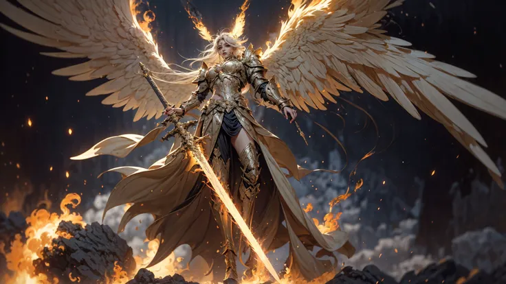 angel,Super powerful flame angel flies out of the clouds, behind him is golden meteor magic surrounding his body, Gothic style, gorgeous golden armor, huge flame great sword, rich background, sword art background, film shooting, depth of field, Super visual, Super visual ,
bare shouldersexposed abdomenFlamboyant armourAngel wings. Huge angel wings
<lora:~Q?-]RQY'Y)OV2 angel:0.8>