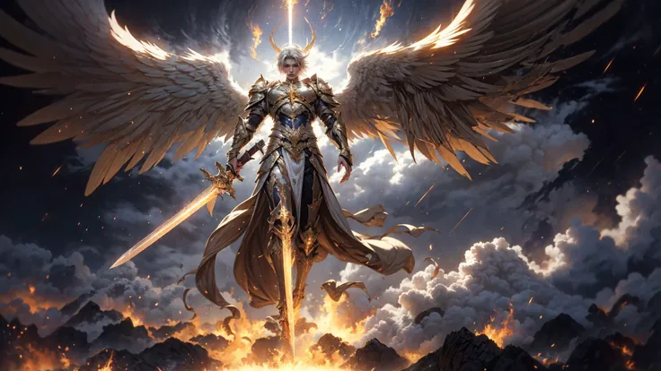 angel,Super powerful flame angel flies out of the clouds, behind him is golden meteor magic surrounding his body, Gothic style, gorgeous golden armor, huge flame great sword, rich background, sword art background, film shooting, depth of field, Super visual, Super visual ,
bare shouldersexposed abdomenFlamboyant armourAngel wings. Huge angel wings
<lora:~Q?-]RQY'Y)OV2 angel:0.8>