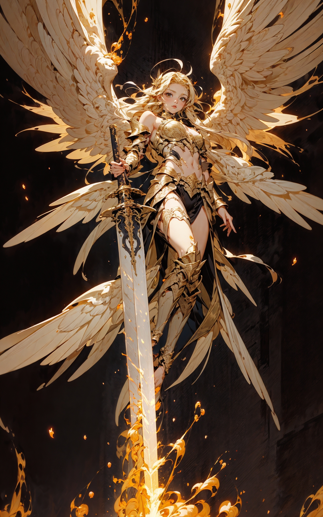 A close up of a woman with a sword and wings - SeaArt AI