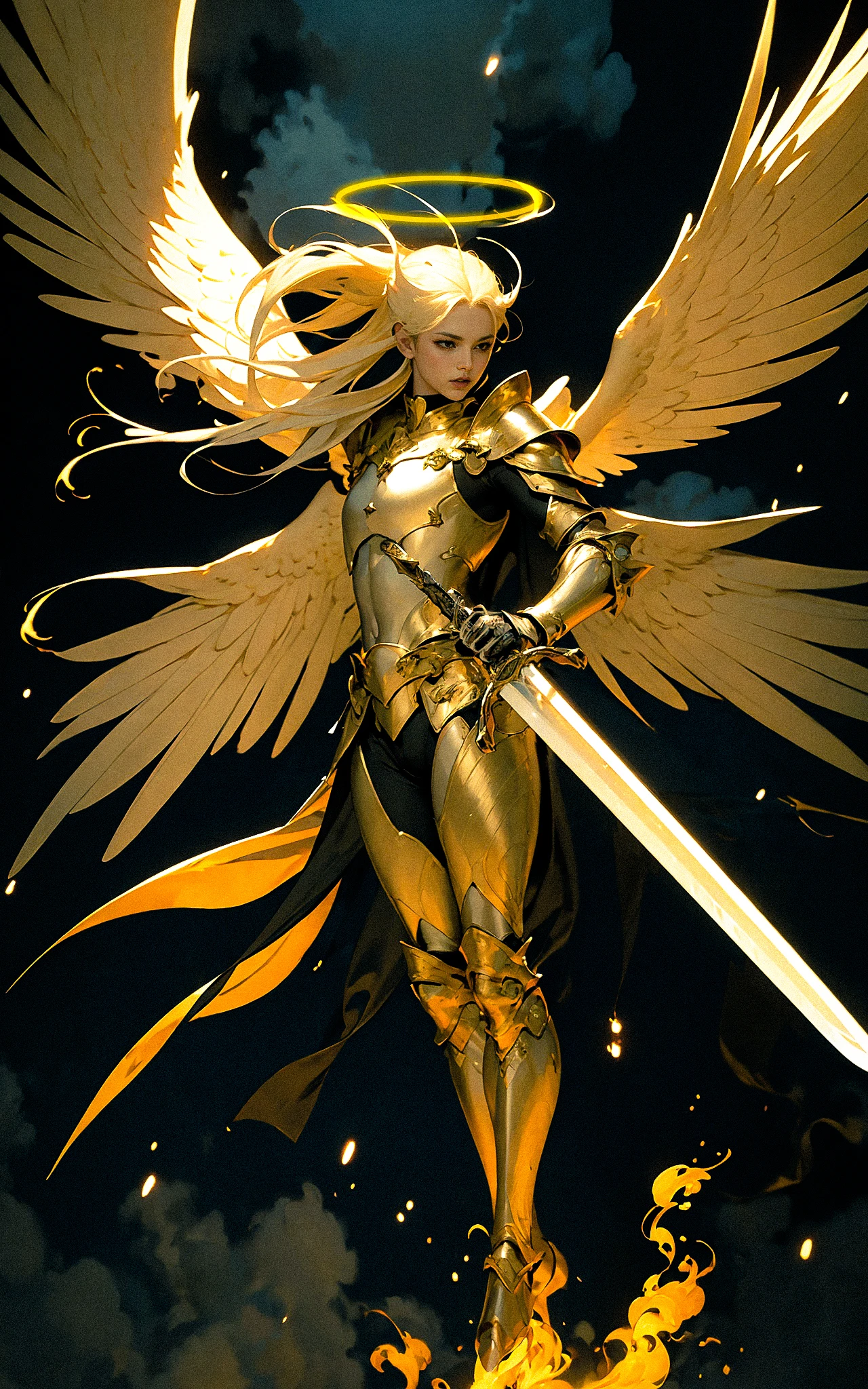 angel,Super powerful flame angel flies out of the clouds, behind him is golden meteor magic surrounding his body, Gothic style, gorgeous golden armor, huge flame great sword, rich background, sword art background, film shooting, depth of field, Super visual, Super visual ,
bare shouldersexposed abdomenFlamboyant armourAngel wings. Huge angel wings
<lora:angel_20230818185537:0.8> angel