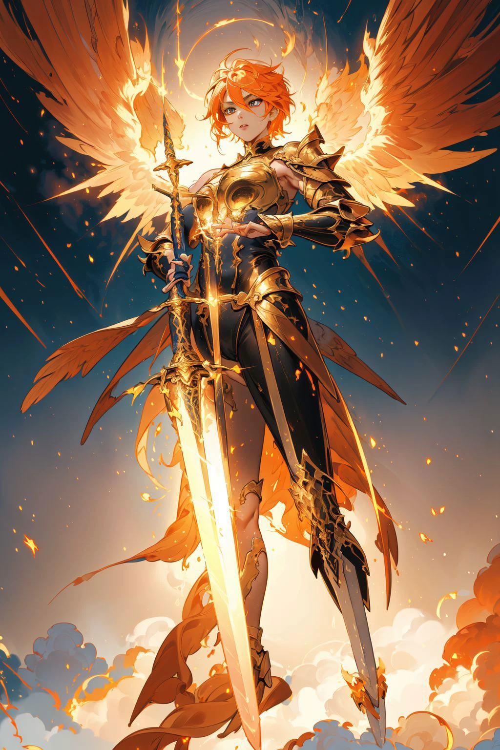 1girl,full body,angel,Super powerful flame angel flies out of the clouds,behind him is golden meteor magic surrounding his body,Gothic style,gorgeous golden armor,huge flame great sword,rich background,sword art background,depth of field,Super visual,
bare shoulder,sex,pose,abdomen Flamboyant armour,Angel wings,Huge angel wings,<lora:sword-angel:0.6>,<lora:thunder_model:0.6>,thunderstyle,(masterpiece, best quality, high quality, highres, ultra-detailed),, (masterpiece, best quality, high quality, highres, ultra-detailed),
