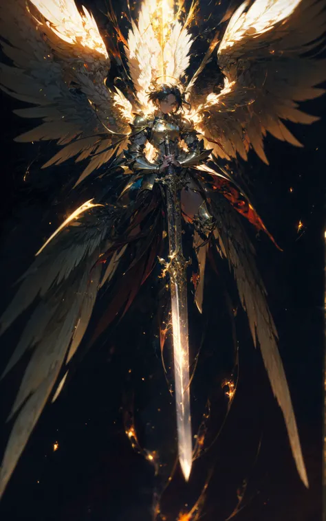 angel,Super powerful flame angel flies out of the clouds, behind him is golden meteor magic surrounding his body, Gothic style, gorgeous golden armor, huge flame great sword, rich background, sword art background, film shooting, depth of field, Super visual, Super visual ,
bare shouldersexposed abdomenFlamboyant armourAngel wings. Huge angel wings
<lora:~Q?-]RQY'Y)OV2 angel:0.8>