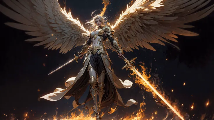 angel,Super powerful flame angel flies out of the clouds, behind him is golden meteor magic surrounding his body, Gothic style, gorgeous golden armor, huge flame great sword, rich background, sword art background, film shooting, depth of field, Super visual, Super visual ,
bare shouldersexposed abdomenFlamboyant armourAngel wings. Huge angel wings
<lora:~Q?-]RQY'Y)OV2 angel:0.8>