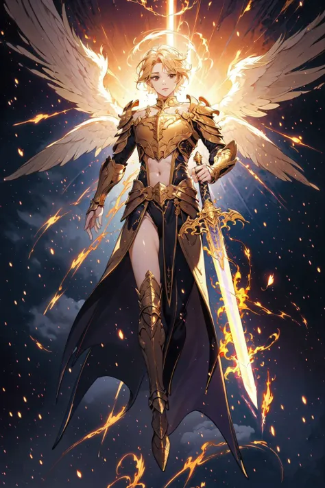 1girl,full body,angel,Super powerful flame angel flies out of the clouds,behind him is golden meteor magic surrounding his body,Gothic style,gorgeous golden armor,huge flame great sword,rich background,sword art background,depth of field,Super visual,
bare shoulder,sex,pose,abdomen Flamboyant armour,Angel wings,Huge angel wings,<lora:sword-angel:0.6>,<lora:thunder_model:0.6>,thunderstyle,style-swirlmagic,, (masterpiece, best quality, high quality, highres, ultra-detailed),