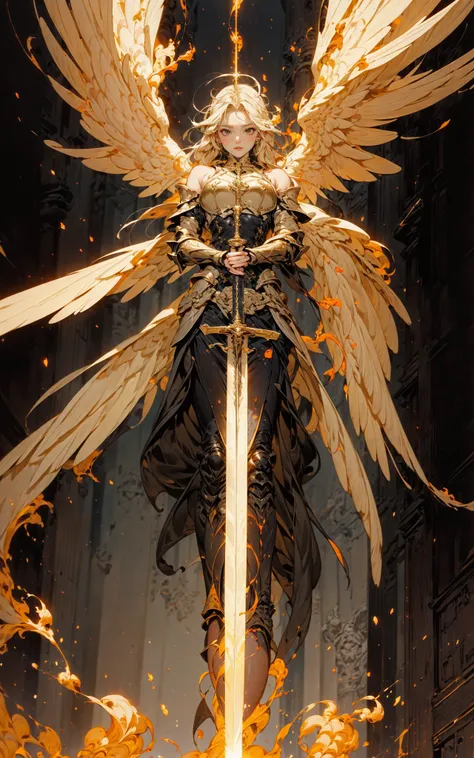 angel,Super powerful flame angel flies out of the clouds, behind him is golden meteor magic surrounding his body, Gothic style, gorgeous golden armor, huge flame great sword, rich background, sword art background, film shooting, depth of field, Super visual, Super visual ,
bare shouldersexposed abdomenFlamboyant armourAngel wings. Huge angel wings
<lora:~Q?-]RQY'Y)OV2 angel:0.8>