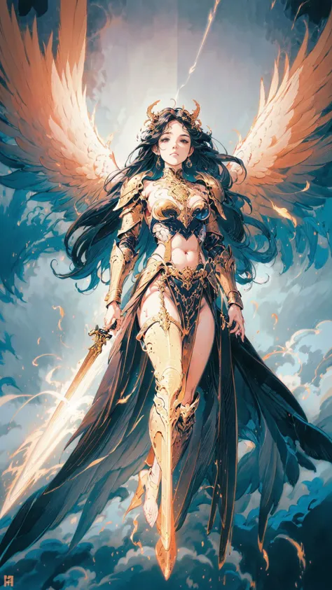 1girl,full body,angel,Super powerful flame angel flies out of the clouds,behind him is golden meteor magic surrounding his body,Gothic style,gorgeous golden armor,huge flame great sword,rich background,sword art background,depth of field,Super visual,
bare shoulder,sex,pose,abdomen Flamboyant armour,Angel wings,Huge angel wings,<lora:sword-angel:0.6>,<lora:thunder_model:0.6>,thunderstyle,style-swirlmagic,full body,, (masterpiece, best quality, high quality, highres, ultra-detailed),