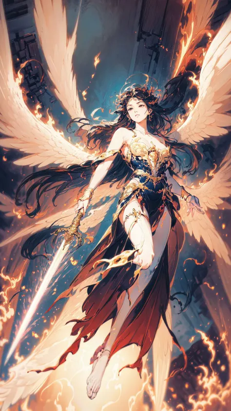 1girl,full body,angel,Super powerful flame angel flies out of the clouds,behind him is golden meteor magic surrounding his body,Gothic style,gorgeous golden armor,huge flame great sword,rich background,sword art background,depth of field,Super visual,
bare shoulder,sex,pose,abdomen Flamboyant armour,Angel wings,Huge angel wings,<lora:sword-angel:0.6>,<lora:thunder_model:0.6>,thunderstyle,style-swirlmagic,full body,, (masterpiece, best quality, high quality, highres, ultra-detailed),