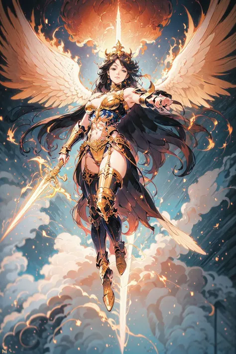 1girl,full body,angel,Super powerful flame angel flies out of the clouds,behind him is golden meteor magic surrounding his body,Gothic style,gorgeous golden armor,huge flame great sword,rich background,sword art background,depth of field,Super visual,
bare shoulder,sex,pose,abdomen Flamboyant armour,Angel wings,Huge angel wings,<lora:sword-angel:0.6>,<lora:thunder_model:0.6>,thunderstyle,style-swirlmagic,, (masterpiece, best quality, high quality, highres, ultra-detailed),