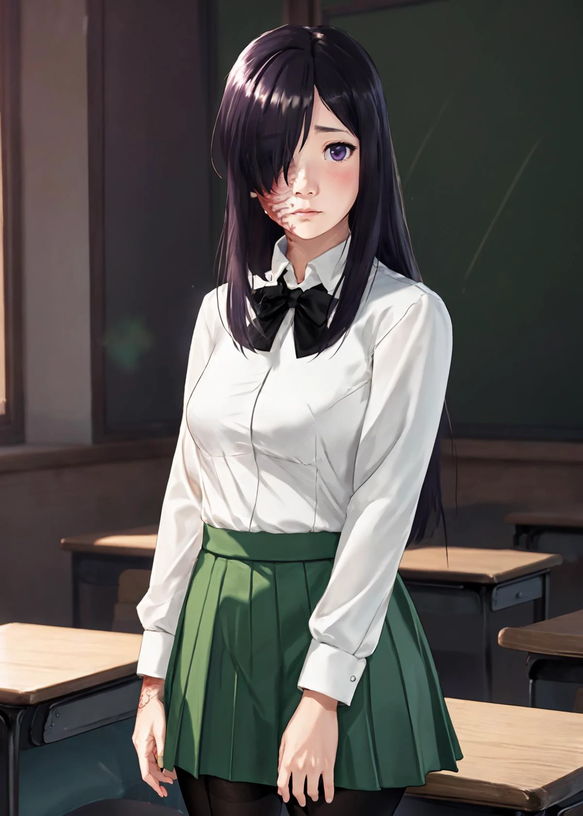 <lora:hanako:0.7>, 1girl, solo, (full body), hanako, ((hanako ikezawa, katawa shoujo)), (((purple eyes))), black hair, purple hair, (burn, scar, burn scar:1.4), (hair over one eye:1.4), ((looking away)), (school uniform, white shirt, green skirt, black pantyhose, black bow, long sleeves:1.4), ((classroom)), (((blush, shy))), hightest quality, (RAW photo, photorealistic:1.4), high quality, ultra high res, (volumetric light, ray tracing), (extremely detailed CG unity 8k wallpaper), (best quality:0.8), (soothing tones, calm colors, muted colors:1.5), (intricate details:0.9)