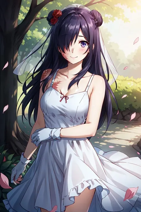 hanako, 1girl, solo, long hair, looking at viewer, black hair, purple eyes, purple hair, hair over one eye, scar, burn scar , <lora:hanako:0.55>
short, solo, looking at viewer, medium breasts, blush, double buns, hair flower, hair ornament, white dress, wedding dress, detailed background, garden, hair between eyes, mob cap, red ribbon, roses, petals, frills, gloves, smile, falling petals, veil, happy, wind, holy light, lighting particle, glowing eyes, bloom, messy hair, hdr, painting, depth of field, art by greg rutkowski and artgerm, soft cinematic light, adobe lightroom, photolab, hdr, intricate, highly detailed, (depth of field:1.4)