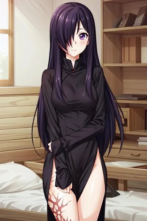 hanako, 1girl, solo, long hair, looking at viewer, black hair, purple eyes, purple hair, hair over one eye, scar, burn scar <lora:hanako:0.55>
dress, black dress, skin tight, long sleeves, side slit,