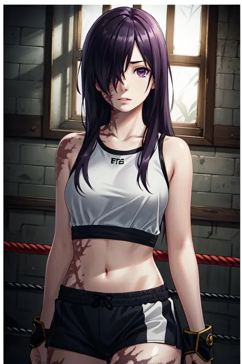 epic realistic, hanako, 1girl, solo, long hair, looking at viewer, black hair, purple eyes, purple hair, hair over one eye, scar, burn scar , <lora:hanako:0.55>
Boxing training, dynamic pose, attractive facial expression, short hair, faded, (neutral colors:1.2), art, (hdr:1.5), (muted colors:1.1), (pastel:0.2), hyperdetailed, (artstation:1.4), warm lights, dramatic light, (intricate details:1.2), vignette, complex background, rutkowski