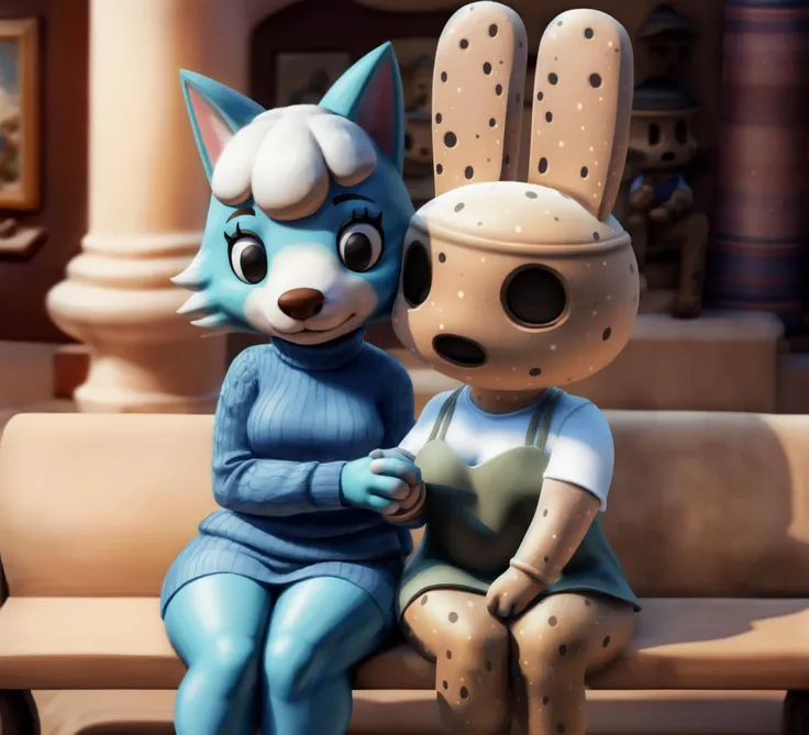 Two figures in love hold hands. A happy short fuzzy vivid (azure:1.4) chibi adult 30-year-old female anthro wolf wearing a sweater sits on a bench in a museum. Digital art, photorealism, Animal Crossing. White hair (pompadour:0.7), black eyes, brown nose, (thick thighs:1.0). <lora:skye:0.7>
BREAK
Two figures in love hold hands. An expressionless short chibi adult 30-year-old female anthro rabbit statue made of terracotta wearing an apron sits on a bench in a museum. Digital art, photorealism, Animal Crossing. Hollow eyes, (thick thighs:1.0), flat chest. <lora:coco:0.9>