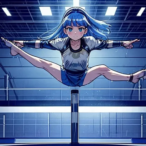 ((top quality, 8k wallpaper)),(masterpiece, best quality),extremely detailed,high definition,(official art:1.3),(((anime screencap,black outline))),<lora:more_details:0.3>,<lora:LCM_LoRA_Weights_SD15:1>,1girl,solo,blush,half-closed eyes,steaming body,heavy breathing,sick,clenched teeth,sweat,sweatdrop,wet,
<lora:umi_ryuuzaki_shoulder_armor:1>, umi ryuuzaki,hairband,armor shoulder,armor,blue skirt,
BREAK
<lora:180SpreadLegs:0.5>,(((flexible,exercise,stretching on balance beam,spread legs,outstretched legs,symmetrical pose,stadium,gym))),indoors,