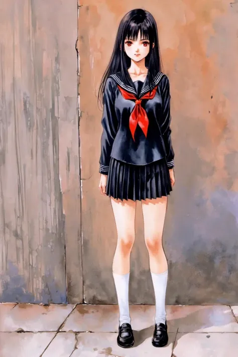 Enma Ai, 1girl, school uniform, solo, skirt, black hair, red eyes, serafuku, long hair, black serafuku, red neckerchief, socks, white socks, neckerchief, pleated skirt, black skirt, shoes, full body, looking at viewer, standing, long sleeves, sailor collar, loafers, bangs, outdoors, black footwear, shirt, black sailor collar, collarbone, closed mouth, black shirt, arms at sides, traditional media,<lora:Haruhiko Mikimoto_XL:0.8>
