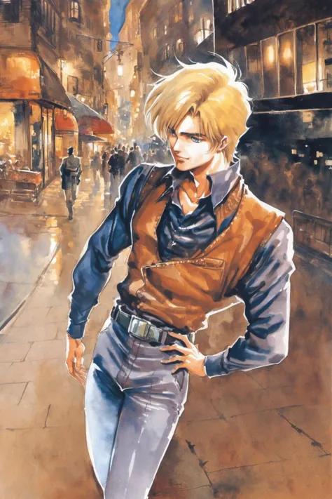solo, blonde hair, male focus, 1boy, blue eyes, vest, watercolor (medium), painting (medium), traditional media, pants, long sleeves, short hair, retro artstyle, shirt, belt, traditional media, watercolor (medium),<lora:Haruhiko Mikimoto_XL:0.8>