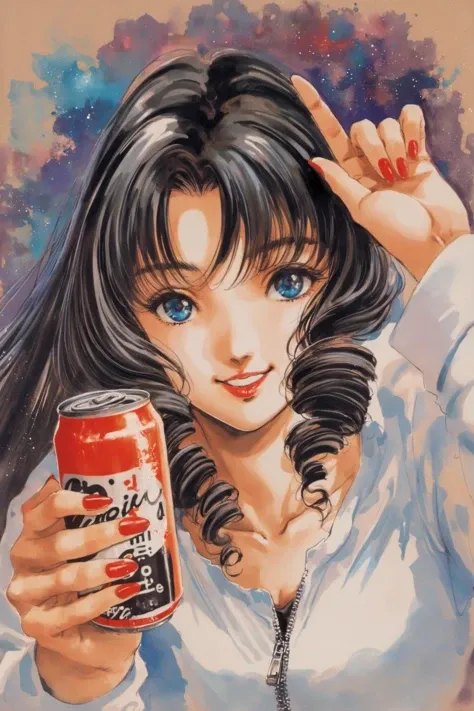1girl, solo, black hair, blue eyes, long hair, smile, looking at viewer, nail polish, can, bangs, shirt, collarbone, holding, upper body, long sleeves, parted lips, drill hair, lips, white shirt, fingernails, zipper, holding can, red nails, traditional media, <lora:Haruhiko Mikimoto_XL:0.8>