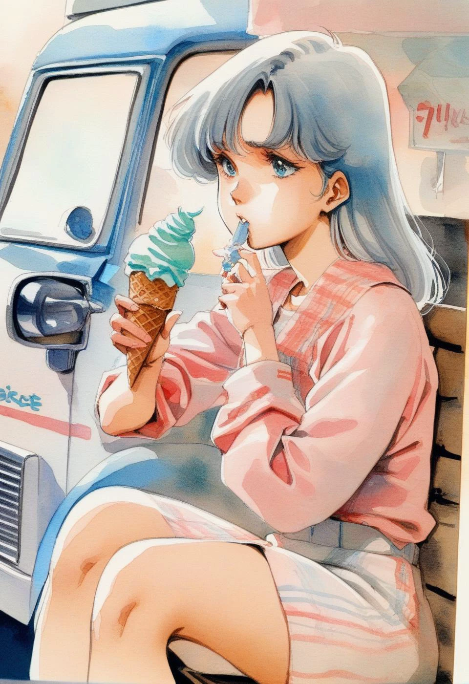 Closeup. 1girl, bored expression, eating ice cream cone, sitting beside an ice cream truck, masterpiece, the best quality, very aesthetic, absurdres <lora:Haruhiko Mikimoto_XL:0.8> traditional media, watercolor, 1980