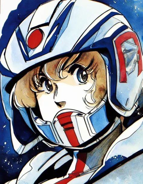 solo, 1boy, Hikaru Ichijio, Macross pilot suit, helmet, white background, messy hair, cockpit
<lora:Haruhiko Mikimoto_XL:0.8> traditional media, retro artstyle, 1980s style, watercolor