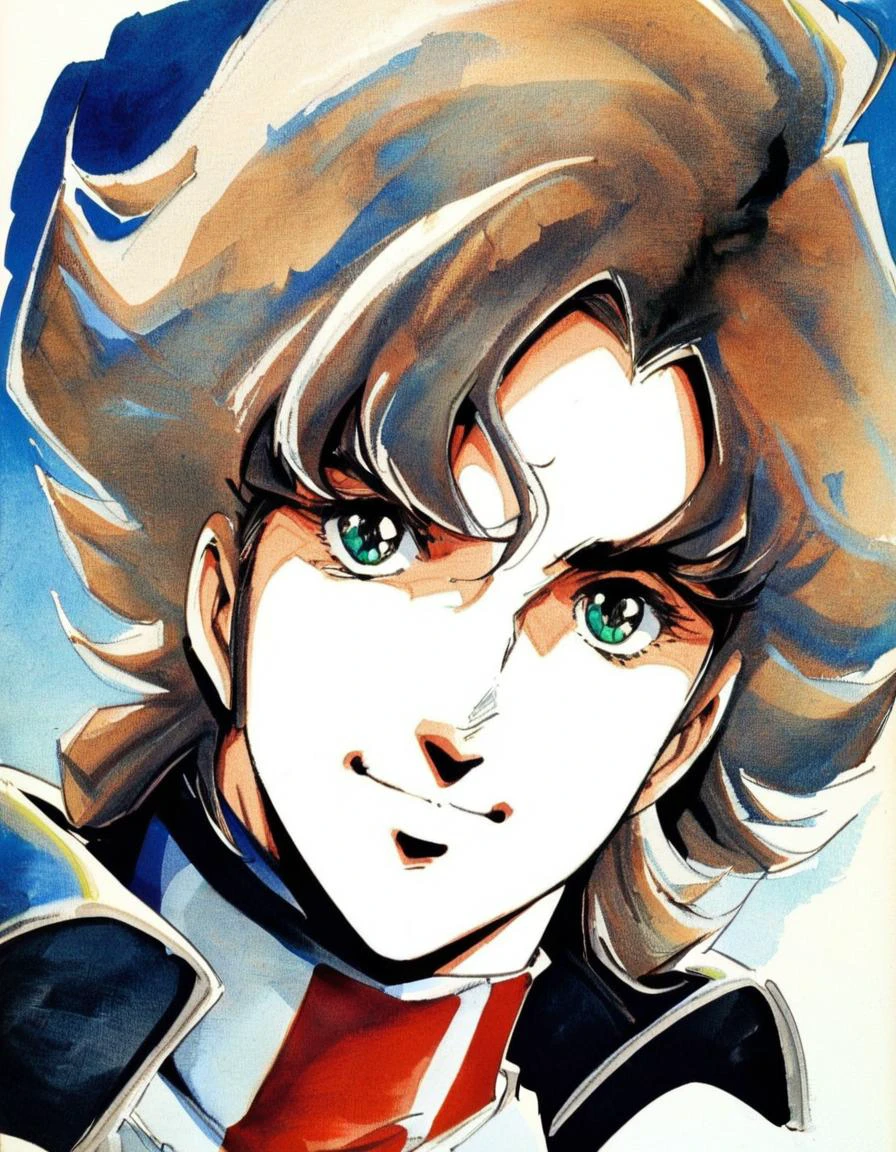 solo, 1boy, male focus, green eyes, smile, macross pilot suit, white background, brown hair, traditional media, simple background, upper body, blonde hair, uniform, looking at viewer, retro artstyle, portrait, watercolor, masterpiece, best quality, very aesthetic, absurdres
<lora:Haruhiko Mikimoto_XL:0.8> traditional media
retro artstyle
1980s style