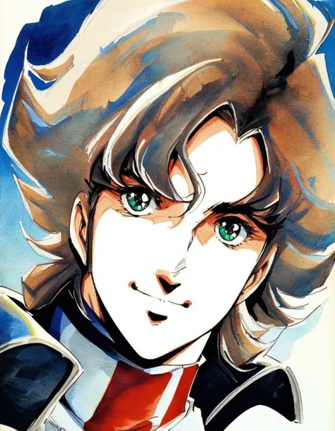 solo, 1boy, male focus, green eyes, smile, macross pilot suit, white background, brown hair, traditional media, simple background, upper body, blonde hair, uniform, looking at viewer, retro artstyle, portrait, watercolor, masterpiece, best quality, very aesthetic, absurdres 
<lora:Haruhiko Mikimoto_XL:0.8> traditional media
retro artstyle
1980s style