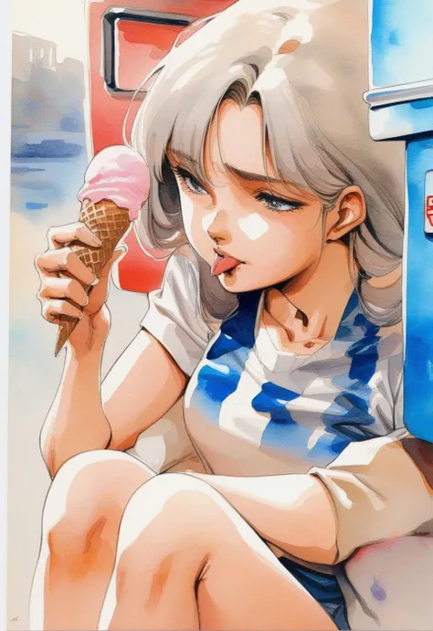 Closeup. 1girl, bored expression, licking ice cream cone, sitting beside an ice cream truck, masterpiece, the best quality, very aesthetic, absurdres <lora:Haruhiko Mikimoto_XL:0.8> traditional media, watercolor