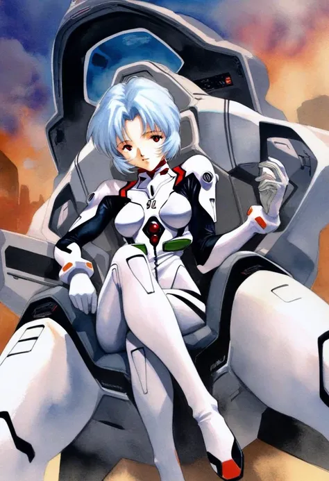 1girl, Rei Ayanami, neon genesis evangelion, short light blue hair, plugsuit, pilot suit, white bodysuit, sitting, crossed legs, EVA cockpit, from bottom, outdoors, masterpiece, best quality, very aesthetic, absurdres 
<lora:Haruhiko Mikimoto_XL:0.7> traditional media, watercolor.