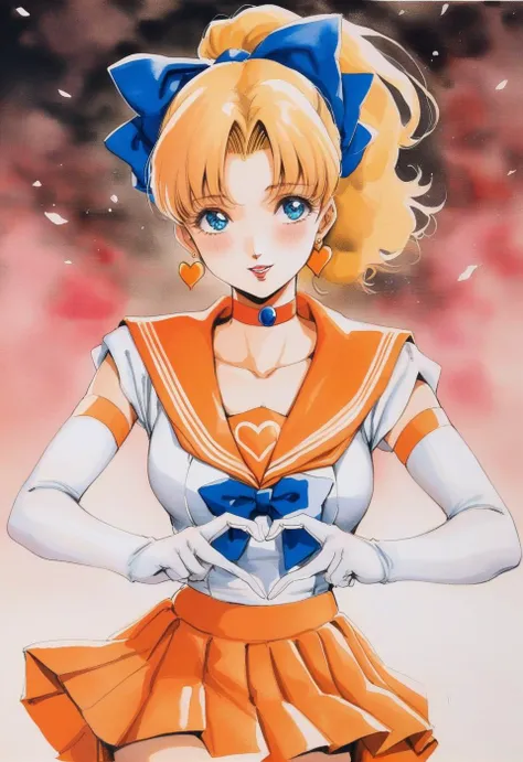 1girl, sailor venus, masterpiece, best quality, very aesthetic, absurdres, blonde hair, hair bow, tiara, blue eyes, earrings, orange choker, collarbone, orange sailor collar, blue bowtie, white shirt, white leotard, elbow gloves, white gloves, pleated skirt, orange skirt, heart hands,<lora:Haruhiko Mikimoto_XL:0.8> traditional media, watercolor