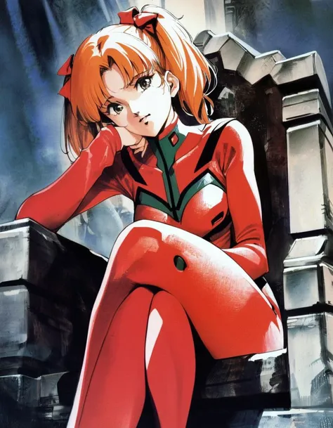 realistic. 1girl, souryuu asuka langley, neon genesis evangelion, ribbon, orange hair, pig tails, red plugsuit, sitting, crossed legs, throne, looking down, from bottom, looking at viewer, outdoors, masterpiece, best quality, very aesthetic, absurdres 
<lora:Haruhiko Mikimoto_XL:0.8> traditional media
retro artstyle
1980s style