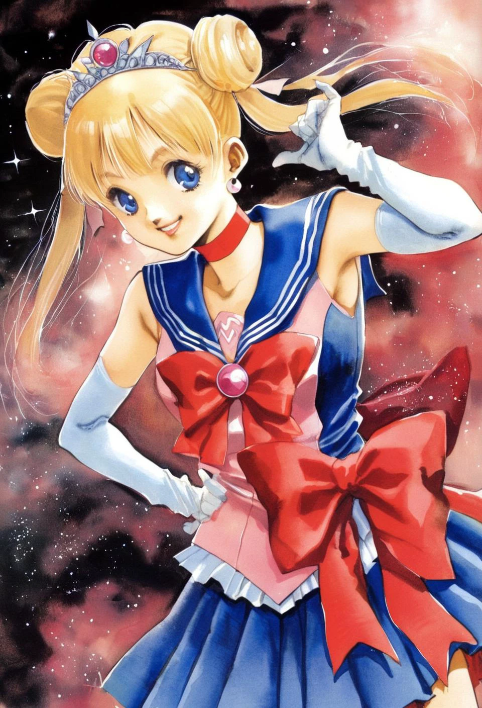 1girl, solo, tsukino usagi, sailor moon, blonde hair, blue sailor collar, gloves, blue eyes, skirt, bow, twintails, red bow, blue skirt, magical girl, sailor collar, choker, double bun,elbow gloves, hair bun, white gloves, back bow, jewelry, tiara, red choker, smile, crescent, hand on hip, earrings, pleated skirt traditional media <lora:Haruhiko Mikimoto_XL:1>