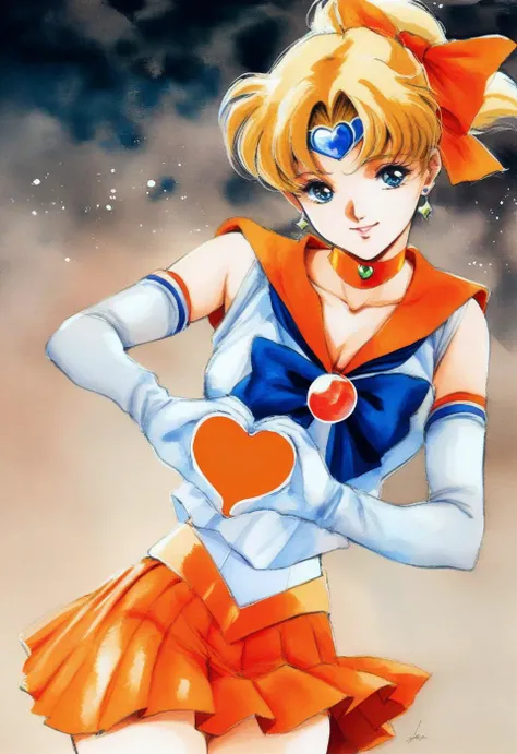 1girl, sailor venus, masterpiece, best quality, very aesthetic, absurdres, blonde hair, hair bow, tiara, blue eyes, earrings, orange choker, collarbone, orange sailor collar, blue bowtie, white shirt, white leotard, elbow gloves, white gloves, pleated skirt, orange skirt, heart hands,<lora:Haruhiko Mikimoto_XL:0.8> traditional media, watercolor