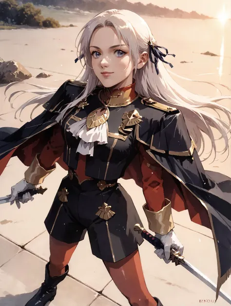 (score_9,score_8_up,score_7_up,score_6_up),concept art,high res,source anime,super fine illustration,detailed lines,<lora:MeMaXL_V3:0.7>,BREAK,
1girl,<lora:edelgard-pdxl-nvwls-v1:0.7>,defEdel, hair ribbon, long hair, side cape, black jacket, white ascot, black shorts, red pantyhose, white gloves, black boots,6 heads feets,
smaller head,extremely detailed nose,beautiful nose,smile,cowboy shot,solo,
perfect anatomy,
hard shadow,sunset,reflections,(Backlighting:1.3),ready a sword,
from above,dynamic angle,uncensored,dynamic pose,w4t3rc0l0ur,
<lora:add-detail-xl:0.6> <lora:DetailedEyes_V3:0.8>, <lora:w4t3rc0l0urXLP:0.4>,<lora:ghibli_style_offset:0.2>, <lora:1dkXLP:0.15>, <lora:Yutaka Izubuchi_XL_PONY:0.9>, <lora:Haruhiko Mikimoto_XL:0.5>