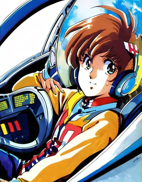 solo, 1boy, Hikaru Ichijio, Macross pilot suit, white background, messy brown hair, cockpit
<lora:Haruhiko Mikimoto_XL:0.8> traditional media, retro artstyle, 1980s style, watercolor