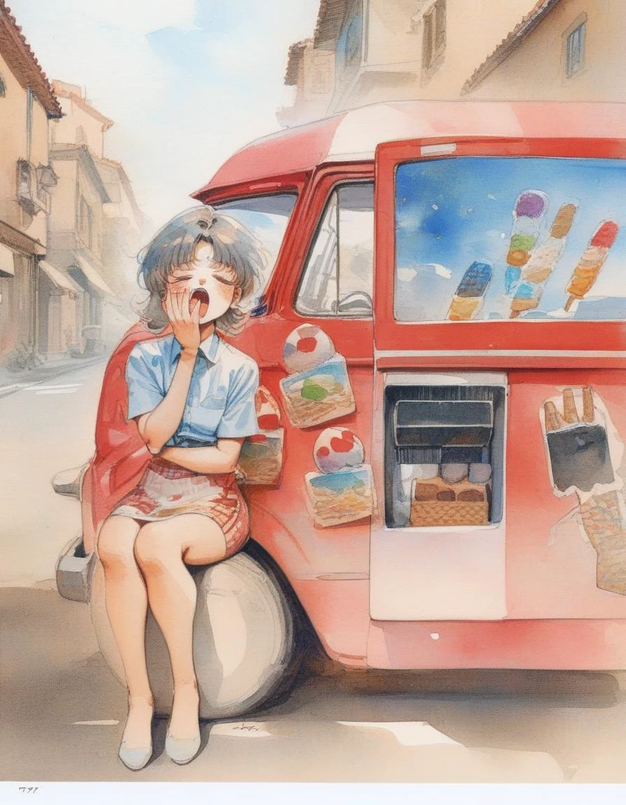 1girl, bored expression, yawning, sitting beside an ice cream truck, masterpiece, the best quality, very aesthetic, absurdres <lora:Haruhiko Mikimoto_XL:0.8> traditional media, watercolor