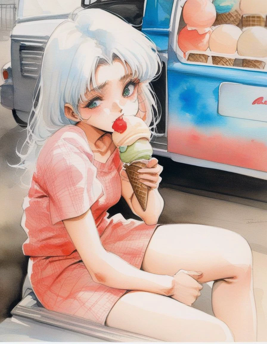 Closeup. 1girl, bored expression, licking ice cream cone, sitting beside an ice cream truck, masterpiece, the best quality, very aesthetic, absurdres <lora:Haruhiko Mikimoto_XL:0.8> traditional media, watercolor