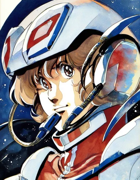 solo, 1boy, Hikaru Ichijio, Macross pilot suit, helmet, white background, messy brown hair, cockpit
<lora:Haruhiko Mikimoto_XL:0.8> traditional media, retro artstyle, 1980s style, watercolor