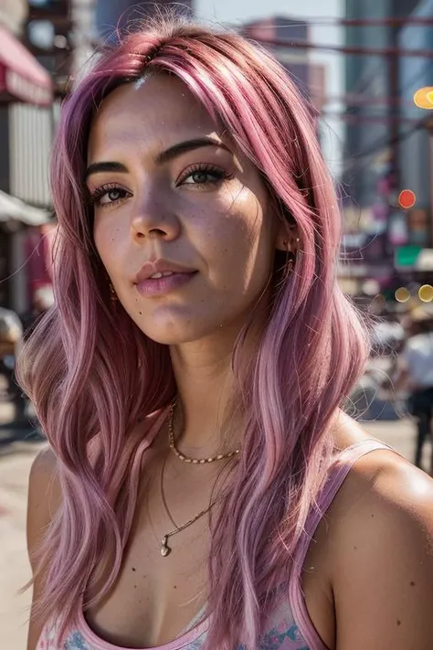 Samantha_Boscarino-1600, (full body pink hair cyberpunk girl:1.4), real, photoshoot, realistic, luminescent, atmospheric scene, masterpiece, best quality, (detail skin texture, ultra-detailed body:1.1), RAW photo, (high detailed skin:1.2), 8k uhd, dslr, film grain, Fujifilm XT3,  1girl,  realistic, blurry background, upper body, outdoors, solo focus, depth of field,looking at viewer, sunlight rays,  RAW candid cinema, cowboy shot, color graded portra 400 film, remarkable color, ultra realistic, textured skin, remarkable detailed pupils, realistic dull skin noise, visible skin detail, skin fuzz, dry skin, shot with cinematic camera, RAW photo,  moebius style muted colors intricate details, hyperdetailed, uhd, dslr, soft lighting, high quality, film grain, Fujifilm XT3
