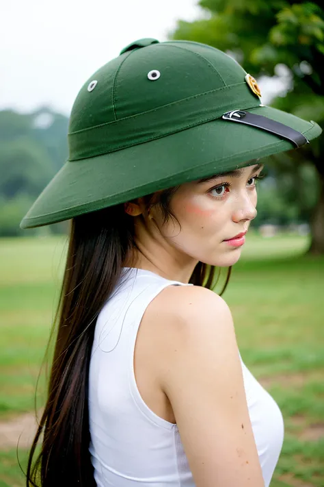 8k portrait of beautiful girl with brown hair, intricate, elegant, highly detailed, majestic, digital photography, looking back,
(1girl:1.5), upper body ,MuCoi, vietnamese, pith, helmet, green headwear, <lora:MuCoiv20:0.6>