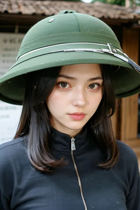 8k portrait of beautiful girl with brown hair, intricate, elegant, highly detailed, majestic, digital photography, looking looking looking away,
(1girl:1.5), upper body ,MuCoi, vietnamese, pith, helmet, green headwear, <lora:MuCoiv20:0.6>