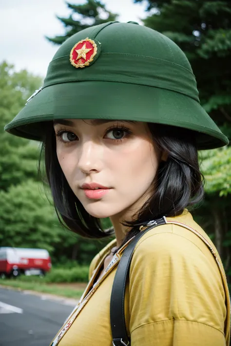 (RAW photo, photorealistic:1.3, realistic, ultrarealistic, hyperrealistic), masterpiece, 8k, official art, absurdres, highres, high quality, ultra detailed, beautiful and aesthetic, landscape,
(1girl:1.5),
<lora:MuCoiv18:0.8>,MuCoi, vietnamese, pith, helmet, green headwear,, (masterpiece,best quality:1.5)
