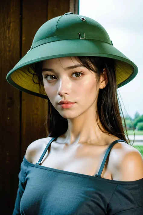 (RAW photo, photorealistic:1.3, realistic, ultrarealistic, hyperrealistic), masterpiece, 8k, official art, absurdres, highres, high quality, ultra detailed, beautiful and aesthetic, landscape,
(1girl:1.5),
<lora:MuCoiv18:0.8>,MuCoi, vietnamese, pith, helmet, green headwear,, (masterpiece,best quality:1.5)