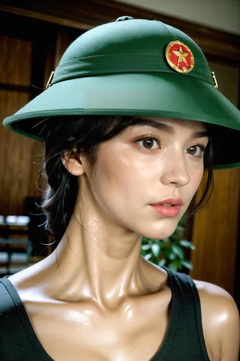 (RAW photo, photorealistic:1.3, realistic, ultrarealistic, hyperrealistic), masterpiece, 8k, official art, absurdres, highres, high quality, ultra detailed, beautiful and aesthetic, landscape,
(1girl:1.5),
<lora:MuCoiv18:0.8>,MuCoi, vietnamese, pith, helmet, green headwear,, (masterpiece,best quality:1.5)