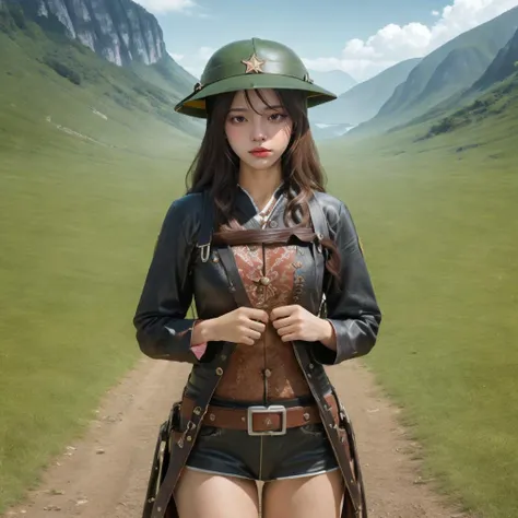masterpiece,ultra realistic,32k,extremely detailed CG unity 8k wallpaper, best quality, (1 girl, looking at viewer, cowboy shot:1.4)
BREAK
1 girl, <lora:MuCoiv18:0.8>, MuCoi, vietnamese, pith, helmet, (green headwear:1.1)
BREAK
1 girl, Hutao, genshin impact,  <lora:hutao_v2:0.75>